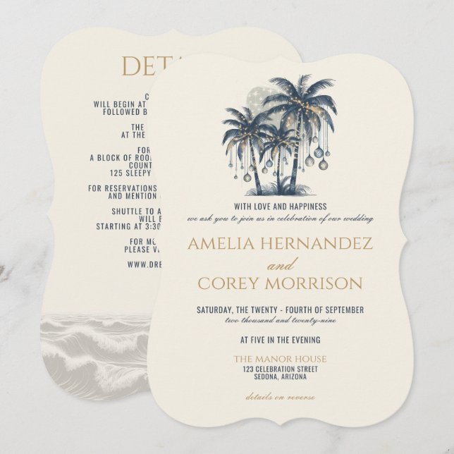 Playa azul con detalles Invitación a la boda (Anverso / Reverso)