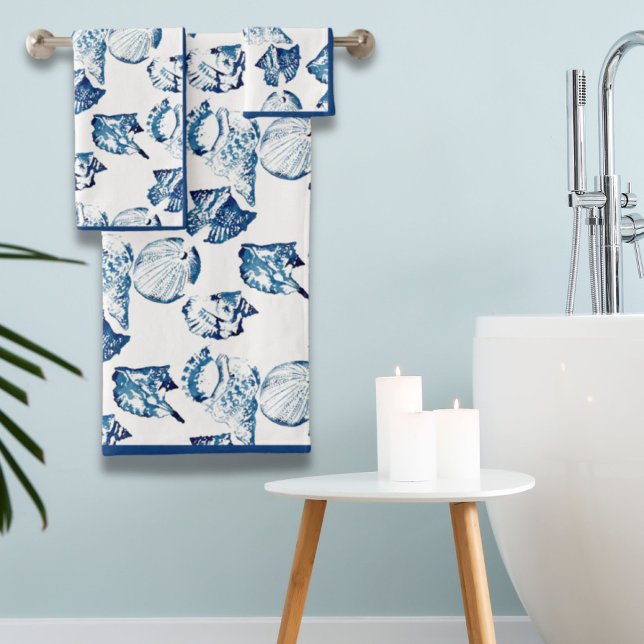 Playa costera de verano Marina Azul (Summer Coastal Beach Seaside Navy Blue Seashell Bath Towel Set)