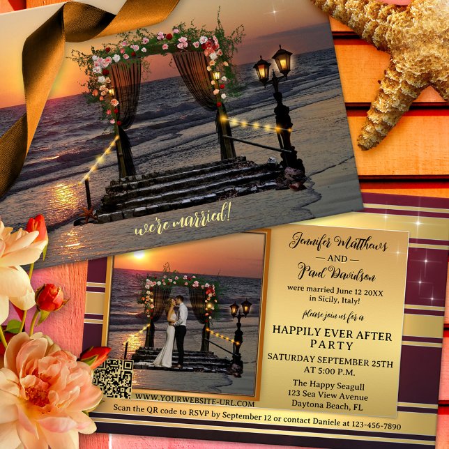 Playa de Arbor, Rosa, luego de invitación a Boda c (Happily ever after wedding invite showing a sunset on the beach with a rose arbor and string lights)