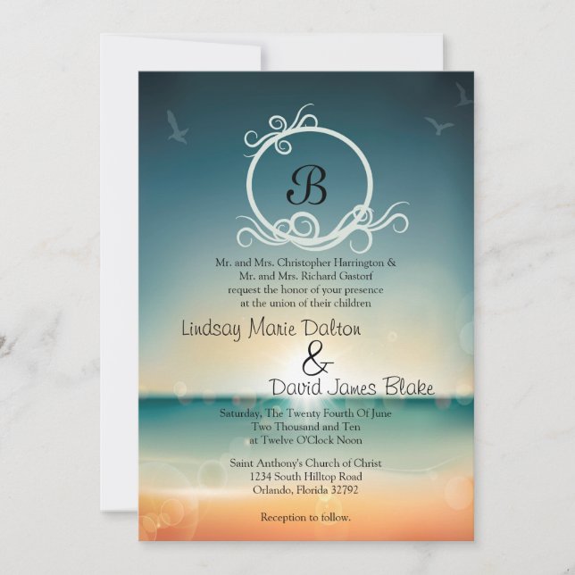 Playa de atardecer para la invitación a bodas las  (Anverso)