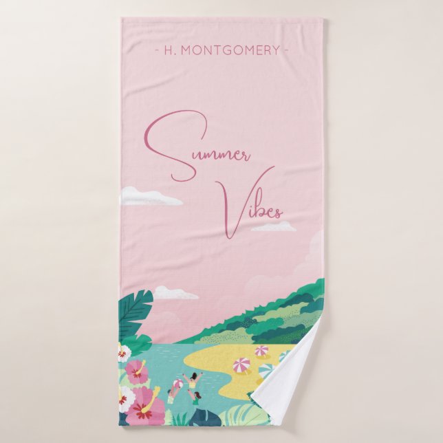 Playa de nombre personalizado rosa tropical con vi (Toalla de baño)