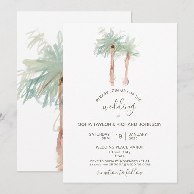 Playa de palmeras isla oceánica invitación tropica (Anverso / Reverso)