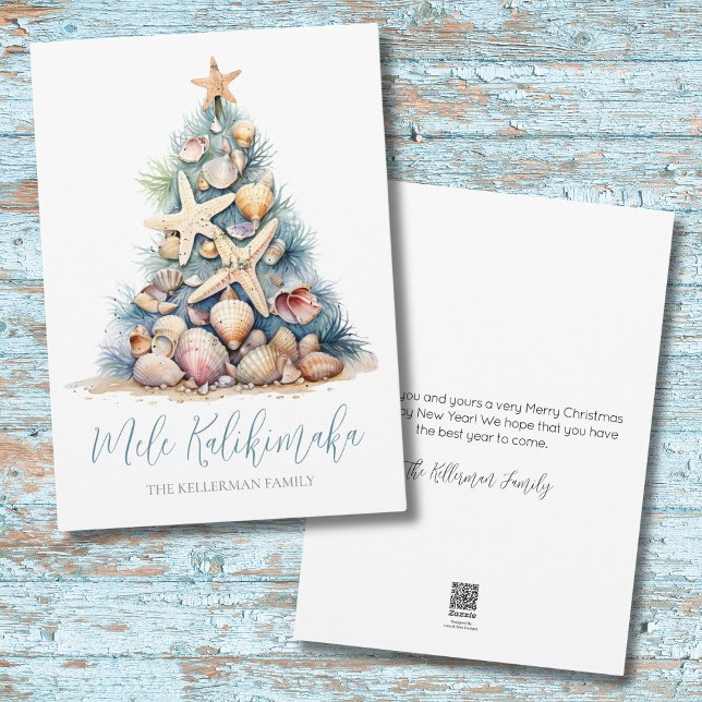 Playa del árbol de Navidad Mele Kalikimaka (Christmas Tree Seashell Beach Mele Kalikimaka Holiday Card)