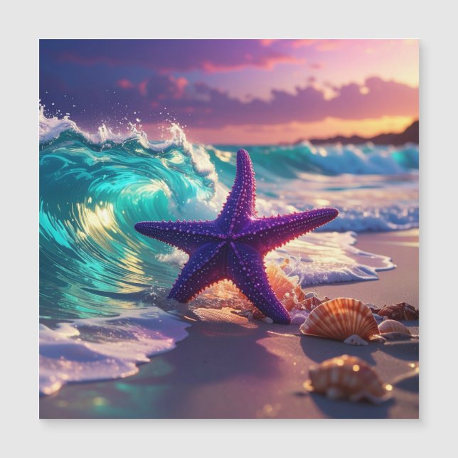 Playa del océano con estrellas de mar violetas (Anverso)