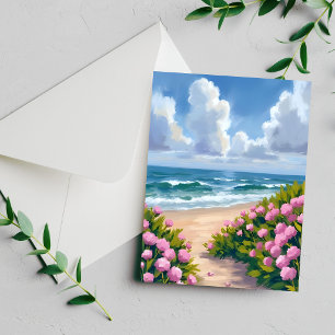 Playa en Flor   Hortensia Rosa Tarjeta Costera del