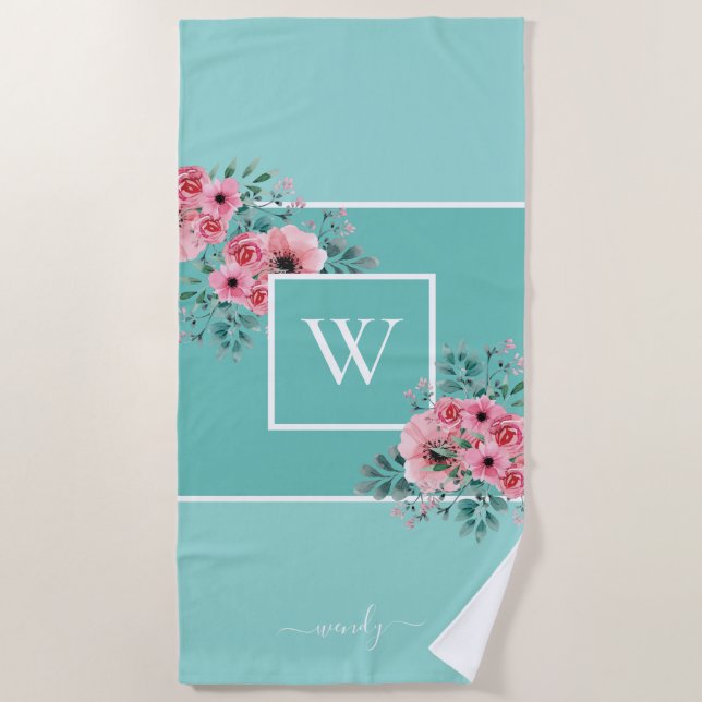 Playa Flores acuáticas de Monograma Azul Mint Toalla de  (Anverso)