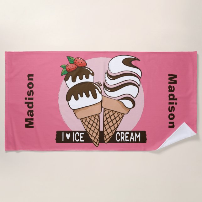 Playa Ice Cream Lover nombre personalizado y toalla de p (Anverso)