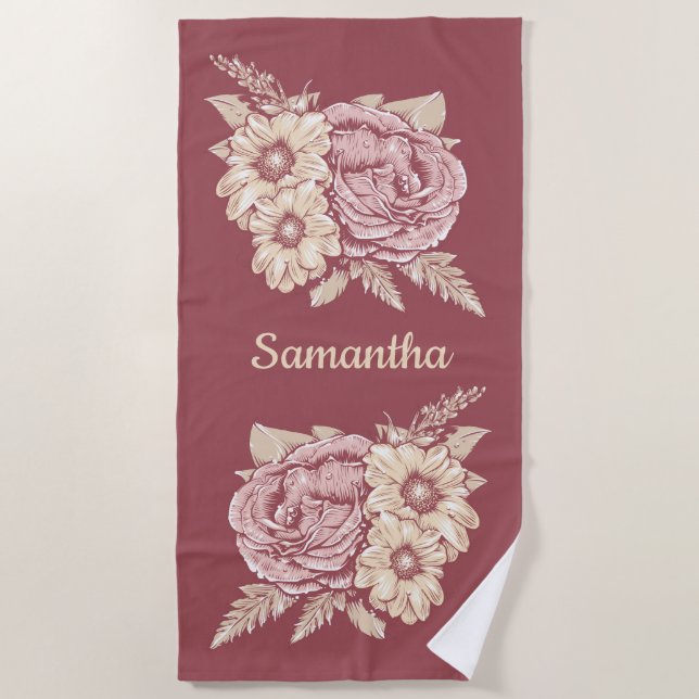 Playa Ilustracion de flores nombre personalizado toalla  (Anverso)