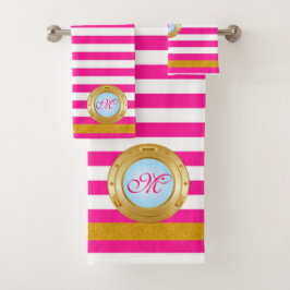 Playa Monogramada de franjas doradas rosadas de ve