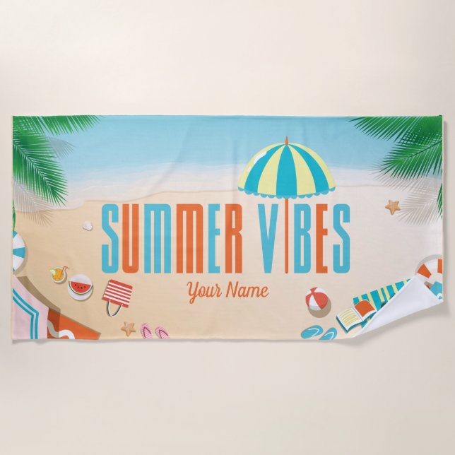 Playa Nombre Personalizado Vibes Tropical Toalla De Play (Anverso)