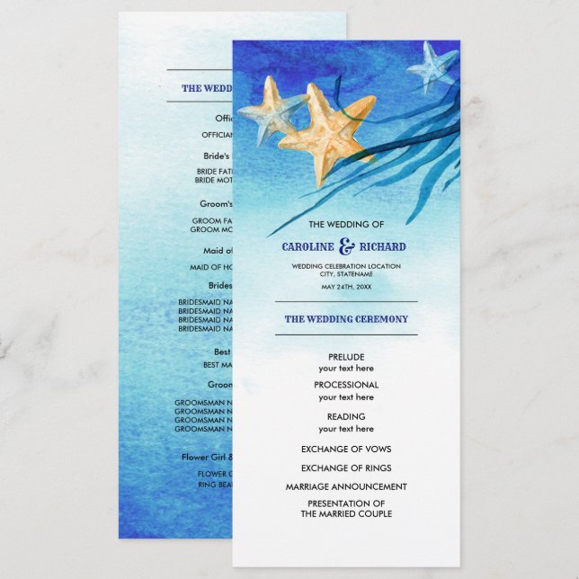 Playa | Programa plano de Boda de acuarela costera (Anverso / Reverso)