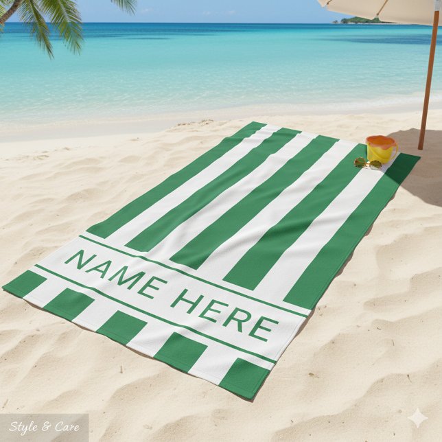 Playa Toalla verde de banda blanca con tu nombre (Seafoam Green White Stripe Towel with Your Name)