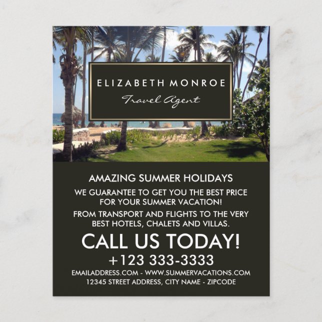 Playa tropical, agente de viajes, volante publicit (Frente)