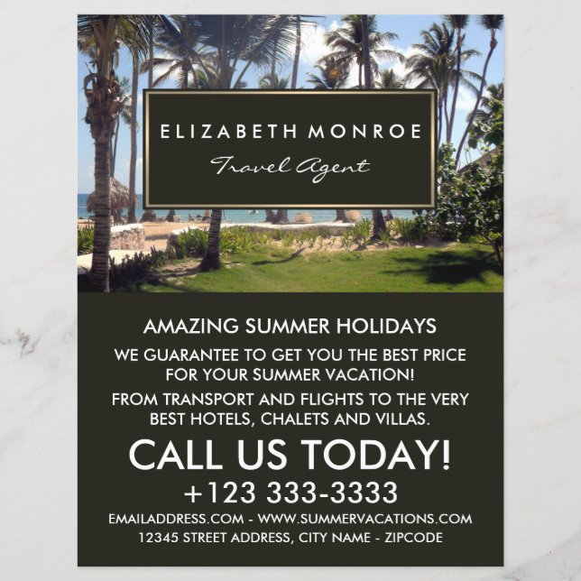 Playa tropical, agente de viajes, volante publicit (Frente)