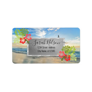 Playa tropical, etiqueta de Hibiscus