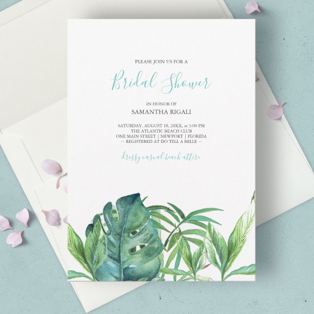 Playa tropical Palmeras turquesa acuarela Nodal (Tropical bridal shower invitations feature watercolor palm leaf art. )