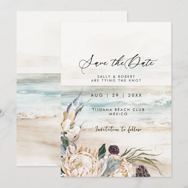Playa tropical protea floral salvar la tarjeta de  (Anverso / Reverso)