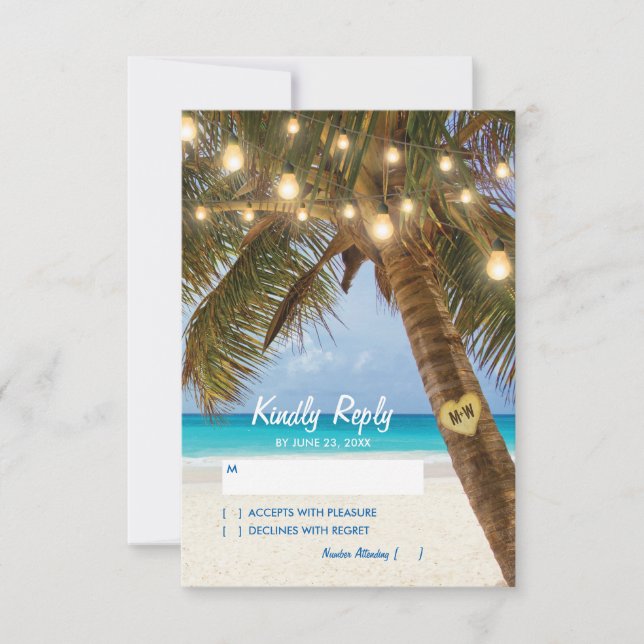 Playa tropical y luces de cadena Boda RSVP (Anverso)