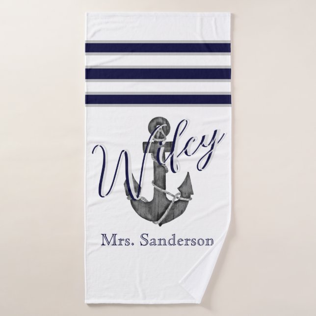 Playa Wifey Nautical White y Navy Blue Anchor Beac (Toalla de baño)