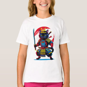 Playera básica de niñas Gato Samurái