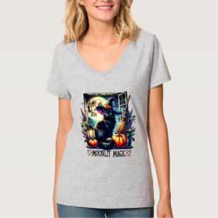 Playera "Moonlit Magic" Black Cat Halloween Shirt