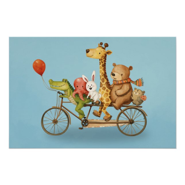 Playful Animal Friends on Bike Illustration Poster (Anverso)