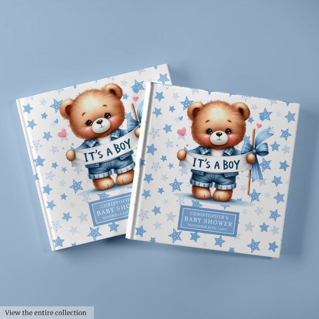 Playful Es un niño aguijón de libro de invitados d (Playful It’s a boy teddy bear guest book keepsake gift)