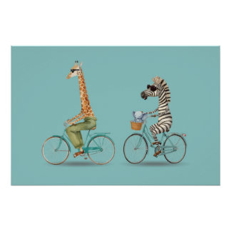 Playful Giraffe and Zebra Cycling Poster