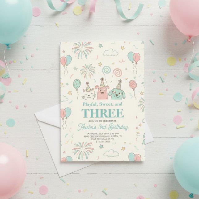 Playful Sweet and Three Kids Birthday Invitation (Subido por el creador)
