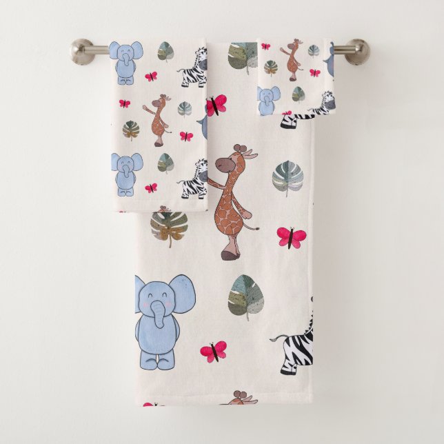 Playful Watercolour Safari Animals Bath Towel Set (In situ)