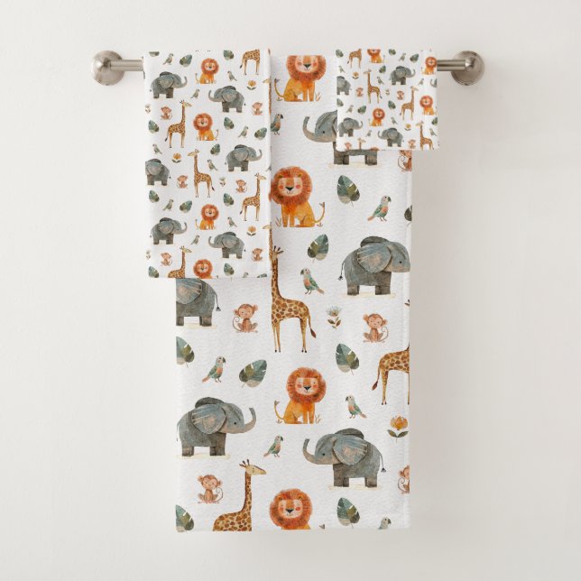 Playful Watercolour Safari Animals Bath Towel Set (In situ)