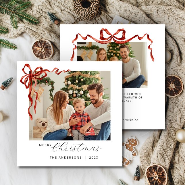Plaza de lazo rojo foto de Navidad (Red Bow Square Christmas Photo Holiday card
)