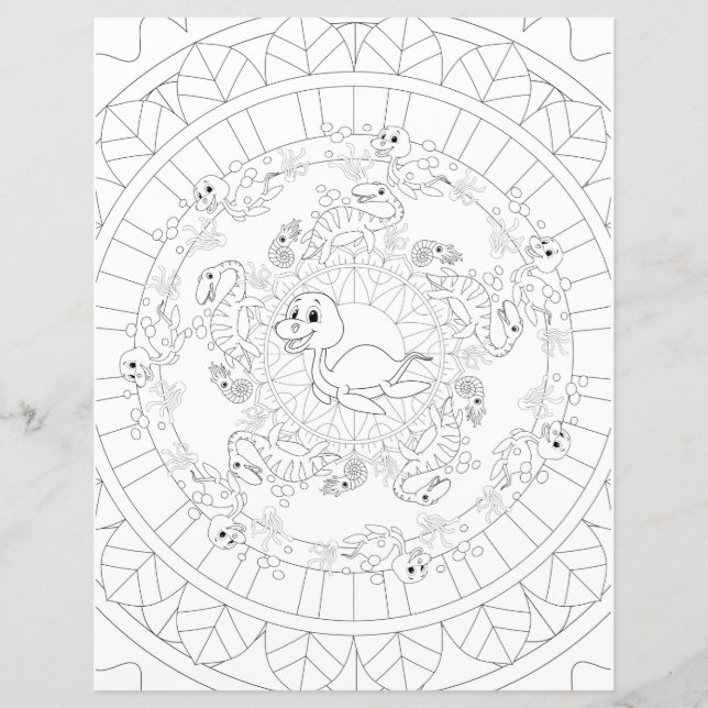 Plesiosaurus Dinosaur Mandala Niños Colores Página (Anverso)