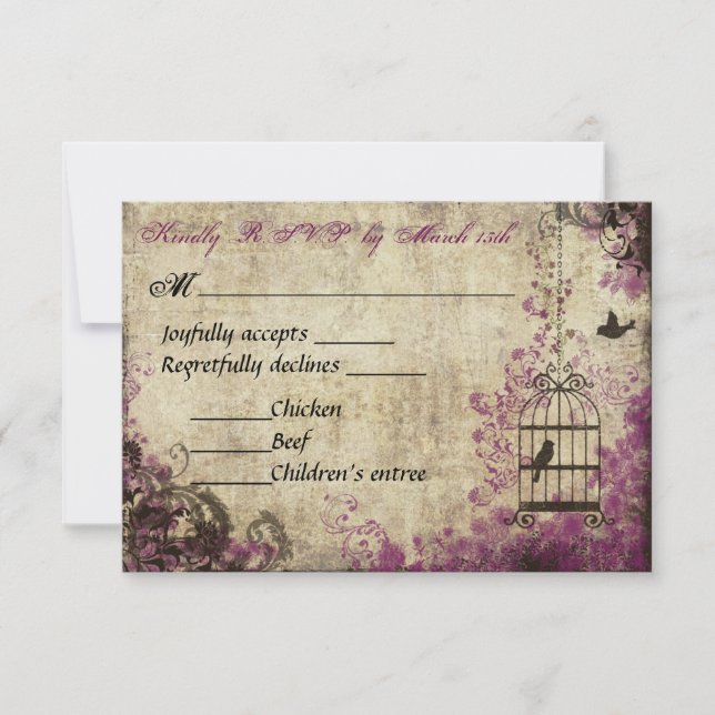 Plum Birdcage Vintage Wedding RSVP (Anverso)