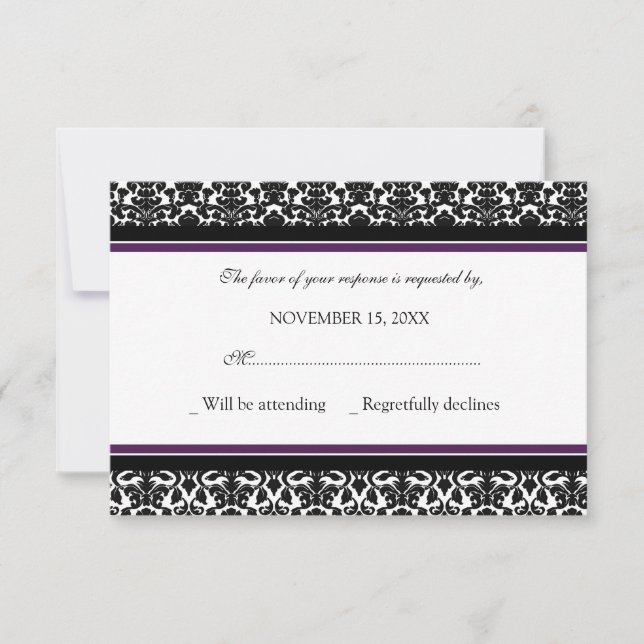 Plum Black Damask RSVP Tarjeta Boda (Anverso)