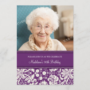 Plum Damask Photo 90th Birthday Party Invitaciones