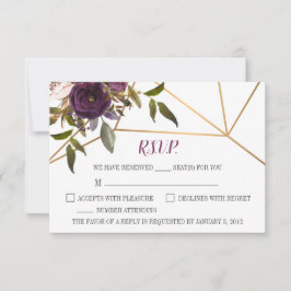 Plum Floral Faux Gold Boda Geométrica Tarjeta RSVP