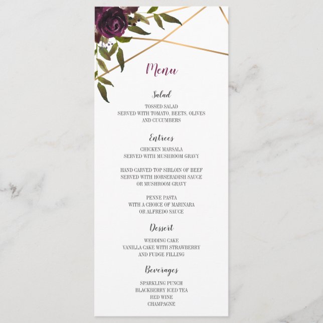 Plum Floral Faux Gold Tarjeta de menú Boda Geométr (Anverso)