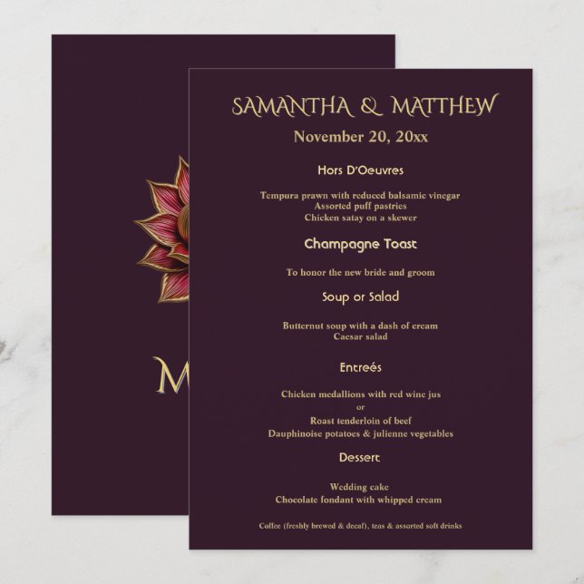 Plum Gold Wedding Menu Elegant Portrait Card (Anverso / Reverso)