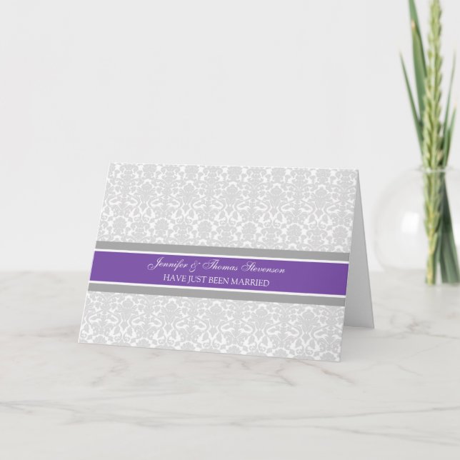 Plum Gray Damask Just Casried Invitación Card (Anverso)