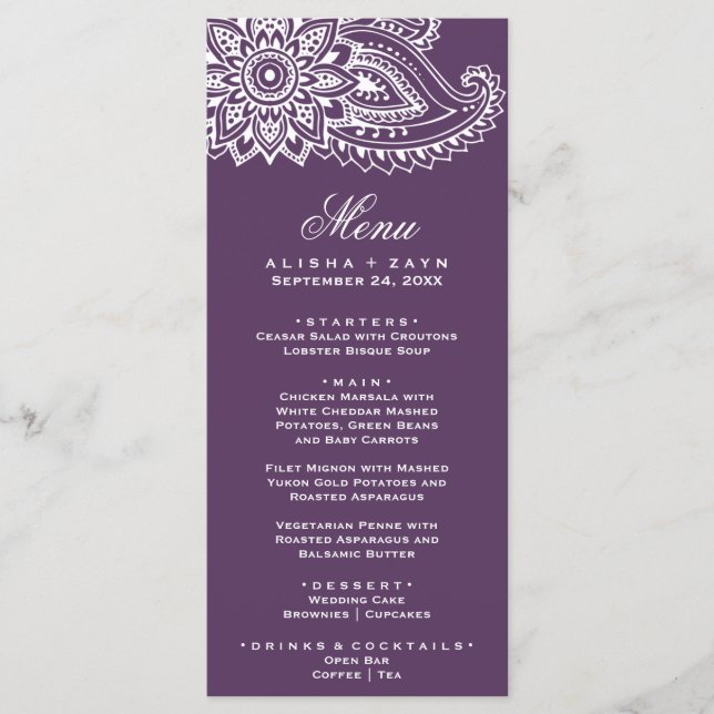 Plum Indian Paisley - Tarjeta de menú (Anverso)