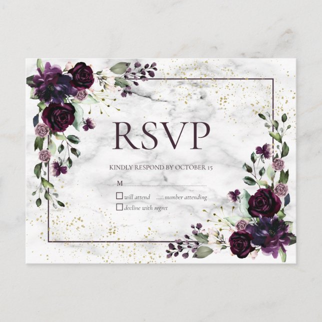 Plum Morple Gold Marble Boda Caída Sin Menú RSVP (Anverso)