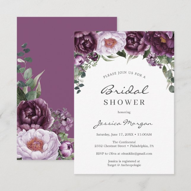 Plum Peonies Tarjeta de invitación a la ducha de n (Anverso / Reverso)