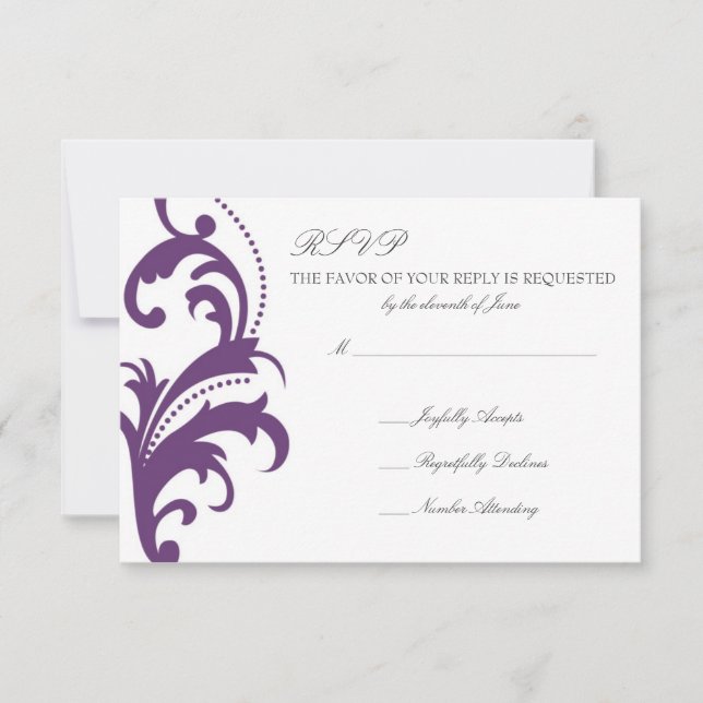 Plum Purple Elegant Damask Wedding RSVP (Anverso)