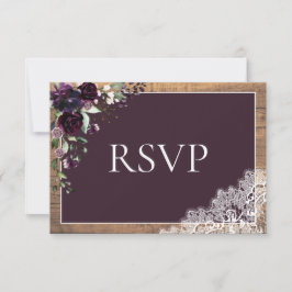 Plum Purple Floral Lace Wood Wedding RSVP