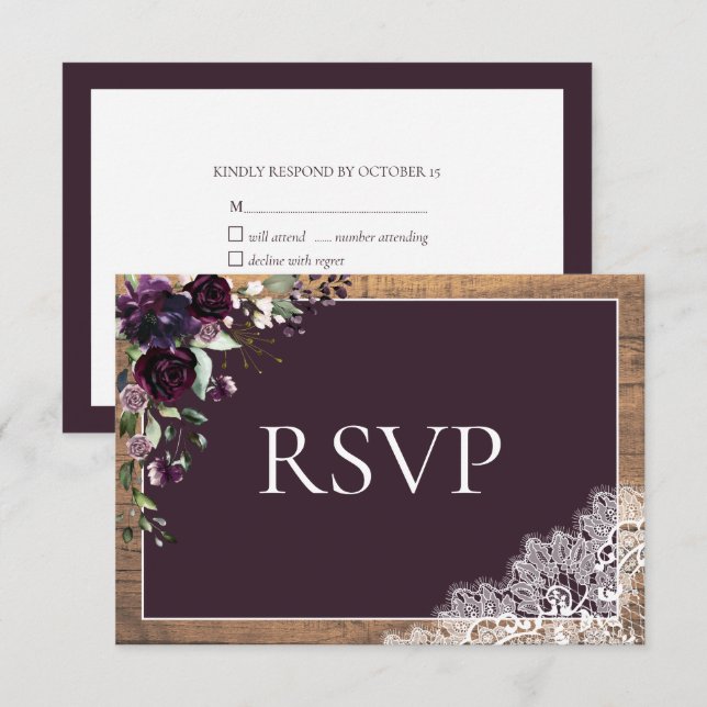 Plum Purple Floral Lace Wood Wedding RSVP (Anverso / Reverso)