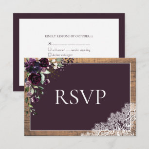 Plum Purple Floral Lace Wood Wedding RSVP