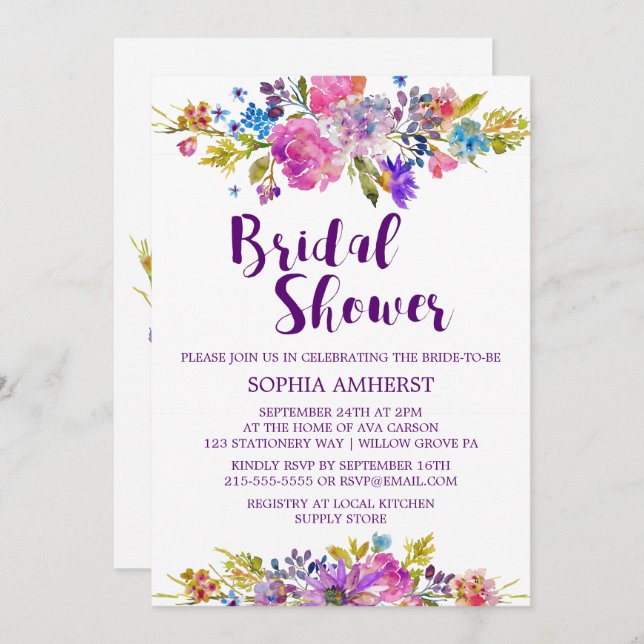 Plum Purple Garden Bridal Ducha Tarjeta de Invitac (Anverso / Reverso)