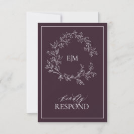 Plum Purple Leafy Escudo Monograma Boda RSVP Tarje