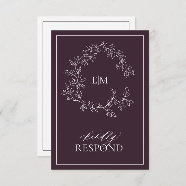 Plum Purple Leafy Escudo Monograma Boda RSVP Tarje (Anverso / Reverso)